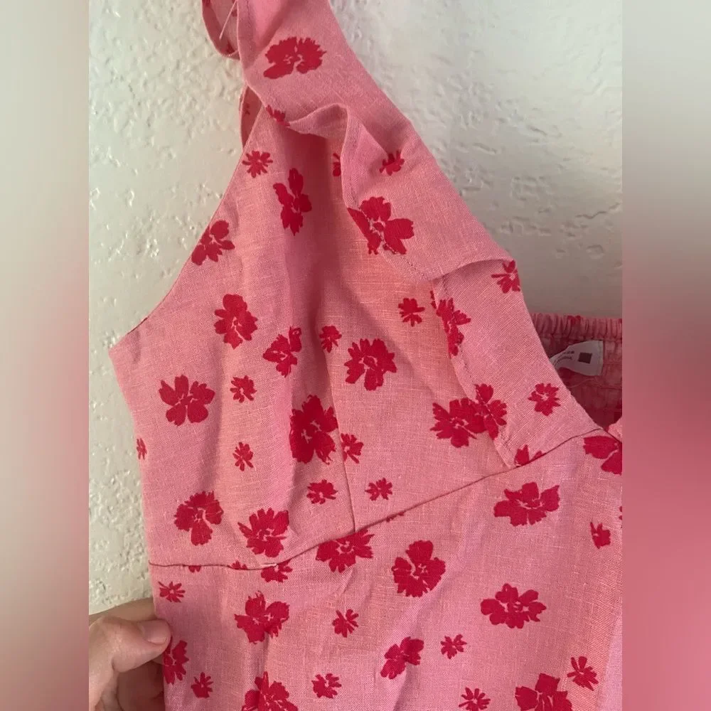 NWT Zara Floral Ruffle Linen V-Neck Mini Dress Pink/ Red Sz S